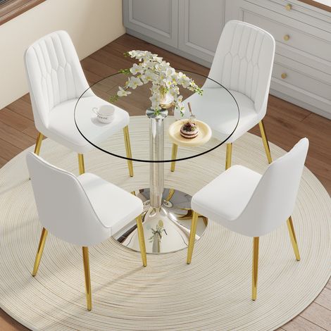 AS EASY Ensemble table à manger. Table à manger moderne minimaliste en verre trempé de 85 cm de diamètre, combinée avec 4 chaises de salle à manger en PU blanches avec pieds de support dorés. Convient