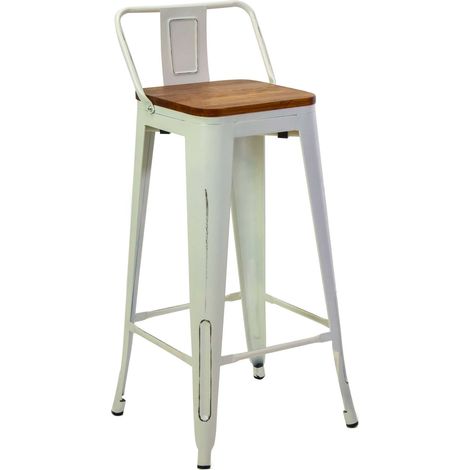 Sgabello con Schienale New Bristol 42x42xh77/94 cm in Ferro Bianco Antico con seduta in Legno