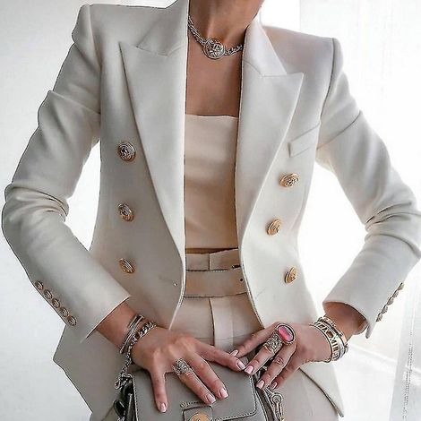 Veste courte de tailleur pour femme, couleur unie, idéale pour le travail et les déplacements quotidiens - Taille L - Blanc (1/4)