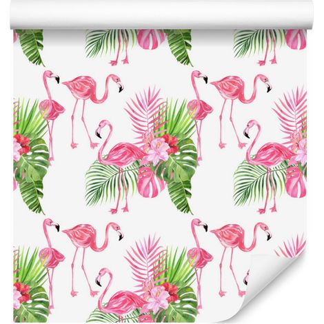Papier peint flamants roses, fleurs et verdure pour salon et chambre 50x1000 cm (1/5)