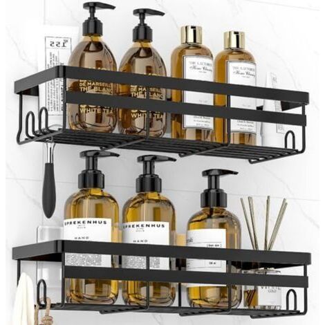 Support de salle de bain, 2 pièces, support de douche, meuble de rangement de douche avec crochets (noir) (1/4)