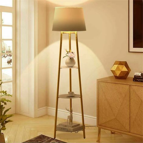 Lampada da terra angolare 2 in 1, luce LED con treppiede moderno, tavolino ausiliario con vano portaoggetti, per camera da letto e soggiorno