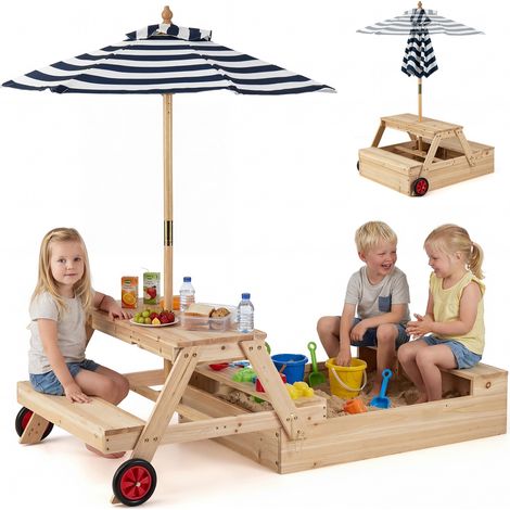 Bac à Sable en Bois 3 en 1 avec Table de Pique-Nique, Parasol Pliable et Réglable, Bancs, Plateau Amovible, Roulettes, pour Enfants de 3 à 5 Ans (1/5)