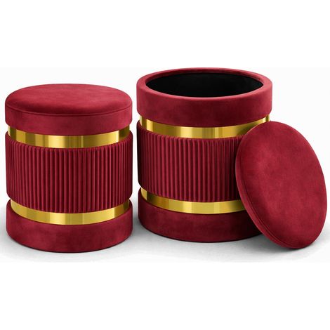 Set 2 Pouf Contenitore Bordeaux con Rivestimento Velluto Morbido Sgabelli Moderni