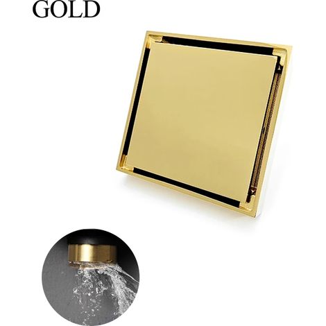 (Zirconium Gold)Brushed Nickel 10X10cm Square Shower Drain Tile Insert Anti Odor Brass Floor Drain Kit with Removable Grate Cover Hair Strainer (1/4)