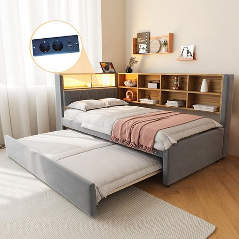 Canapé-lit 90 × 200 cm, avec éclairage LED, prises électriques et nombreux compartiments de rangement, finition flanelle, gris foncé (1/5)
