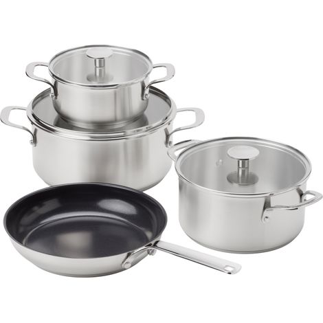 KitchenAid - Stainless Steel Cookware Set: Casserole with Lid (16cm, 20cm, 24cm) + Frypan (24cm) - Silver