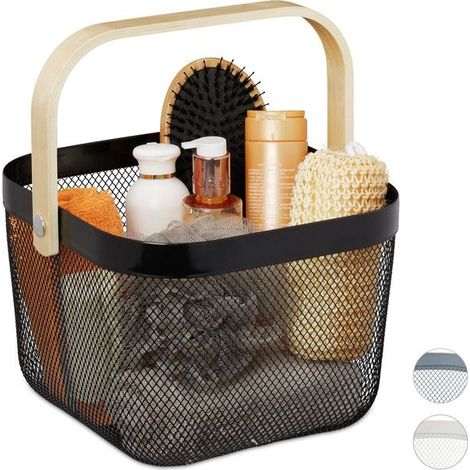 Relaxdays Panier de rangement, poignées, acier et bois, vêtements/déco/cosmétiques, 17,5x26x24,5 cm, noir (1/5)