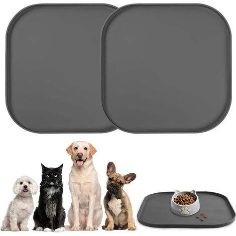 Alfombrilla de silicona para comida, 2 piezas, cuadradas, antideslizantes e impermeables, para perros y gatos, con borde elevado para evitar que se derrame agua o comida. (1/5)