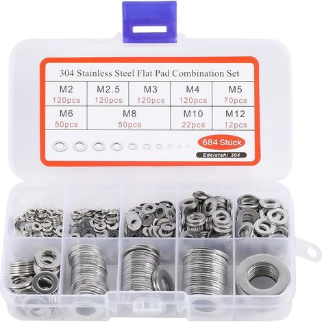 684 Pièces Inox Rondelles Plates Metal, pour Gonds de Porte, 9 Tailles Rondelles Acier Inoxydabl 304 - M2 M2.5 M3 M4 M5 M6 M8 M10 M12 Rondelle Carrossier Inox (1/5)
