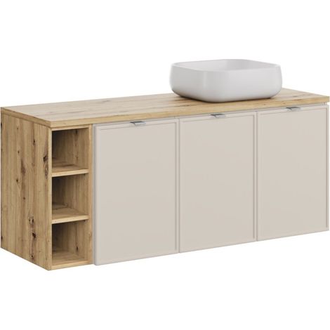 Set BRAZZA: Unterschrankmöbel mit Schränken 140cm mit sichtbaren Nischen + Platte für Waschbecken + quadratisch abgerundetes Aufsatzwaschbecken