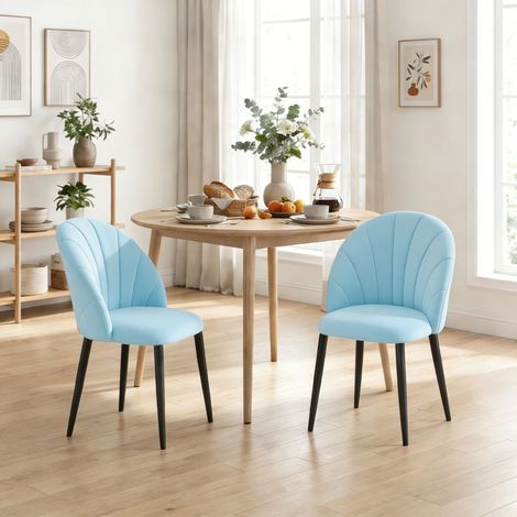 Set 2 Sedie da Pranzo Imbottite con Schienale a Conchiglia in Velluto, 52x55x79 cm, Azzurro (1/5)