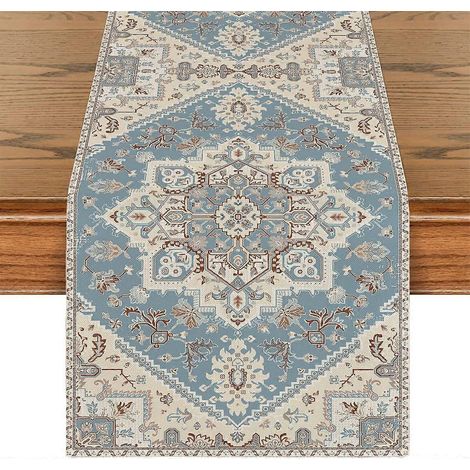 Chemin de table bleu style bohème, vintage élégant, style ferme, géométrique, table basse, mobilier pour un intérieur minimaliste, 33 x 183 cm (1/5)