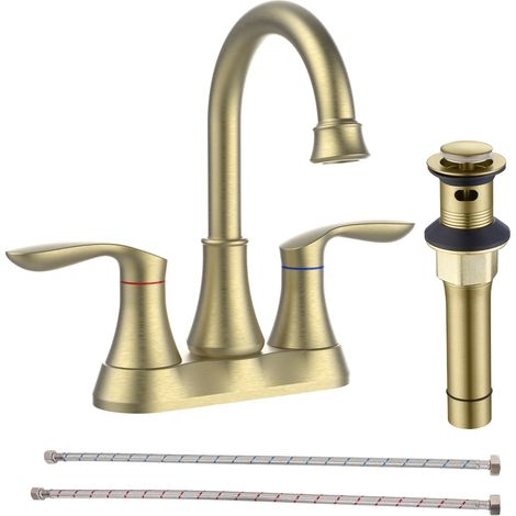 Robinet de salle de bain à deux poignées, entraxe de 10 cm (4 po), en nickel brossé, avec bonde escamotable et flexibles d'alimentation, couleur or.