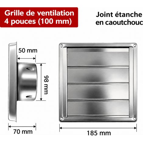 Grille d'aération murale inox 304 double persienne sans moustiquaire joint en caoutchouc 100 mm 4 pouces 19 × 19 × 9 cm – Livraison gratuite (1/5)