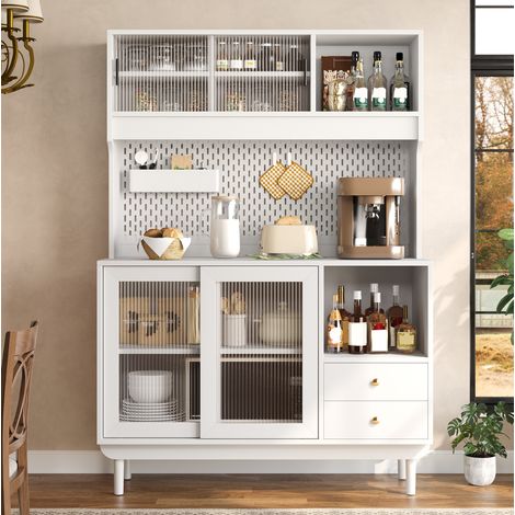 Credenza da cucina con 4 ante scorrevoli in vetro rigato, pannello forato e 2 cassetti (1/5)
