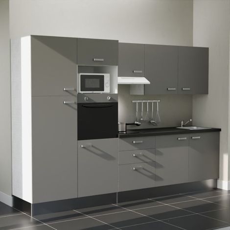 Kochnischen K46L-PT - 300 cm mit Arbeitsplatte und spüle - Graue Front - schwarze Laminatplatte - Edelstahl-Spüle - Kredenzen nein (1/4)