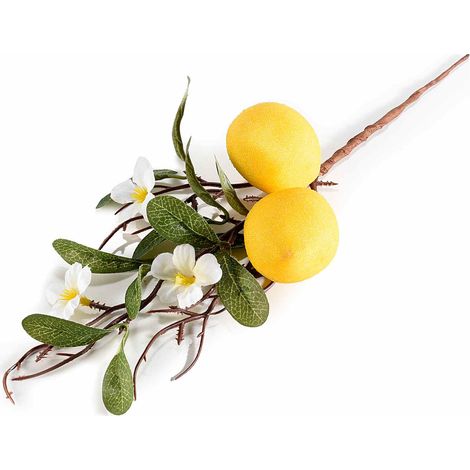 Rametti di limoni artificiali decorativi con fiorellini e foglie, set da 6 pezzi, cm 20 H (con gambo 32)