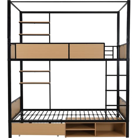 Litera de hierro y MDF 90 x 200 cm negra y natural con estantes y almacenaje (1/5)