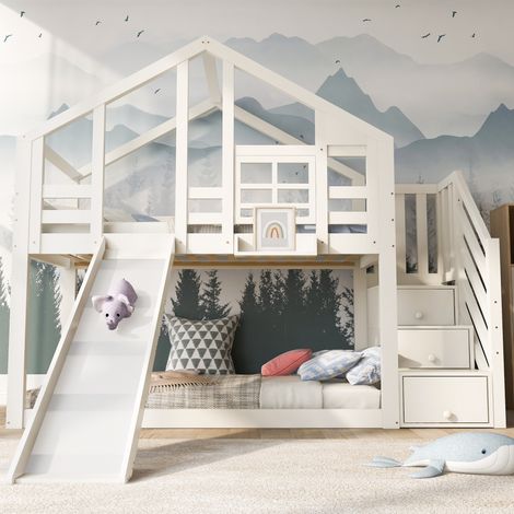 Letto a castello 90x200 cm in legno bianco, con scivolo per cameretta, senza materasso - FLORAGRACE (1/5)