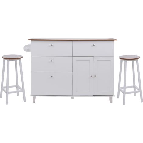 [NUNCA USADO] Isla de cocina HHG-692 con 2 taburetes, armario de cocina, cajones y compartimentos de almacenamiento MDF 90x131x47 cm, blanco, madera clara