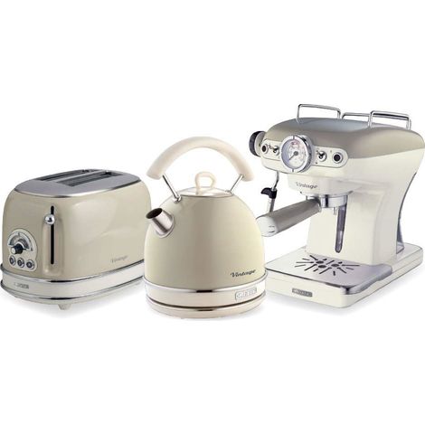 Ariete ARPK16 Retro Style Dome Kettle, 2 Slice Toaster and Espresso Machine Set, Vintage Design, Beige
