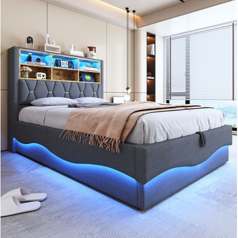 Lit capitonné moderne 140x200 cm gris en métal avec tête de lit, LED APP/télécommande, USB et coffre hydraulique