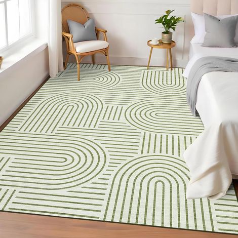 Tapis lavable pour salon, tapis géométrique moderne pour chambre à coucher, salle à manger, bureau - Poils courts - Antidérapant - Vert - 120 x 170 cm (1/5)