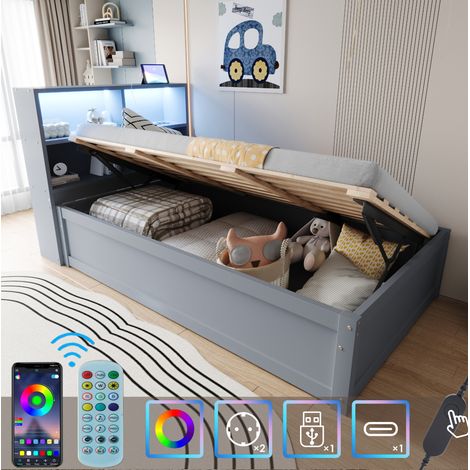 MEUBLIV Cama 90x200 cm gris – cabecero, almacenaje, LED, con enchufe, sin colchón (1/5)