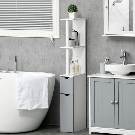 Blanc et gris - Armoire colonne de salle de bain gain de place avec 2 étagères et 2 placards en bois, pour salon, 15,2x29,8x118 cm