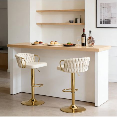Lot de 2 tabourets de bar en velours crème, pivotants et réglables (1/5)
