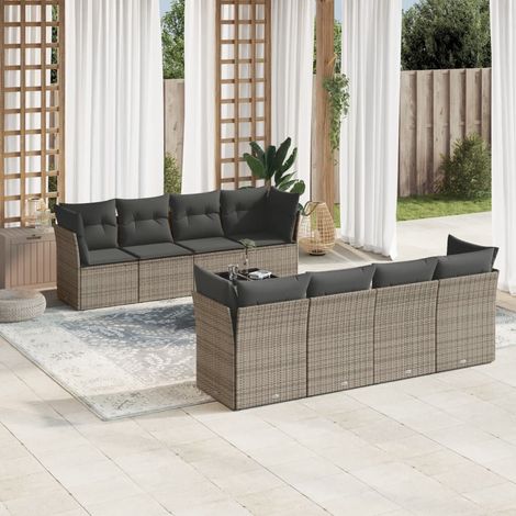 9-tlg. Garten-Sofagarnitur mit Kissen Grau Poly Rattan (1/3)