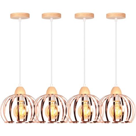 Lustre Suspension - - Vintage - Métal et Bois - 4 Ampoules - Or Rose (1/5)