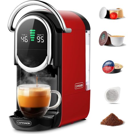 Machine à Café Capsules pour Nespresso, Dolce Gusto, Lavazza A Modo Mio, Dosettes ESE 44mm et Café Moulu, Température et Taille Tasse Réglable, 20Bar, Cafetière Chaud ou Froid (Rouge) (1/5)