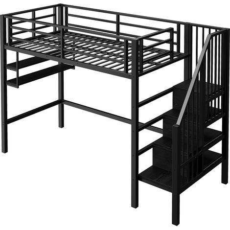 Lit mezzanine 90x200 cm noir avec étagères, escalier rangement, espace sous lit et garde-corps