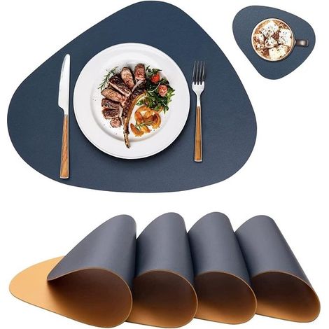 Set di 4 tovagliette e sottobicchieri rotondi in plastica - blu scuro e giallo - lavabili