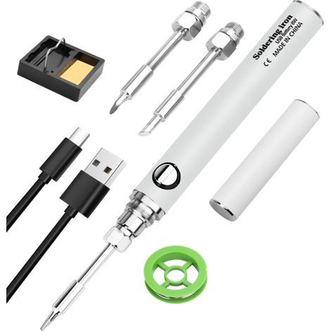 Kit de fer à souder avec batterie USB avec 3 températures réglables de 330 ℃ à 450 ℃, 3 pannes à souder, support de fer à souder, fil à souder (1/5)