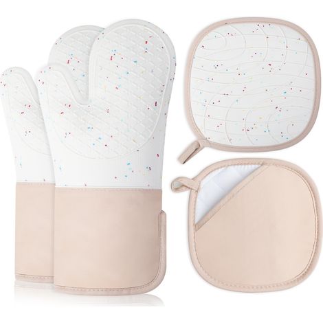 Maniques Cuisine – Lot de 4 (2 Gants Four + 2 maniques de Plateau), résistants à la Chaleur Jusqu’à 350°C, antidérapants en Silicone, pour Cuisine et Barbecue Beige (1/5)