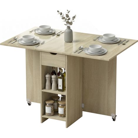 Klapptisch für 2–4 Personen, Rolltisch mit offenem Regal und Schublade, ideal für kleine Räume, Naturfarbe