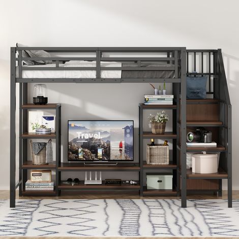 Lit Mezzanine-Support TV/Prises-Échelle Sécurité-Structure Métal/Bois Noir-Rangement Intégré-Sans Matelas-96x251x174(cm) (1/5)