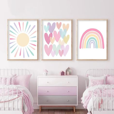 JSSEVN - Juego de 3 pósteres, póster para decoración de habitación infantil, cuadro decorativo para niña, póster sin marco de arcoíris, nube y sol, - 30 x 21 cm (1/2)