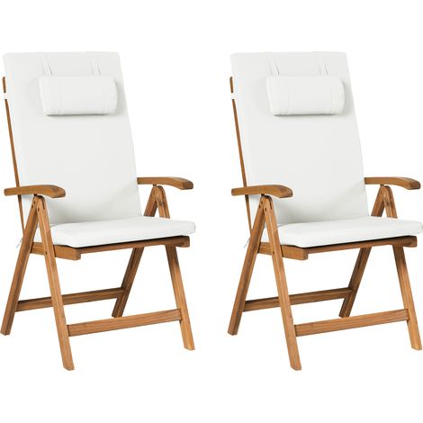 Conjunto de 2 sillas de jardín rústicas de madera de acacia clara plegables con cojines blanco crema Java Premium