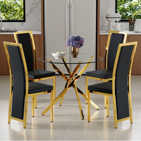 Mesa de comedor de vidrio templado negro/oro, set de 4 plazas con sillas minimalistas de PU (1/5)