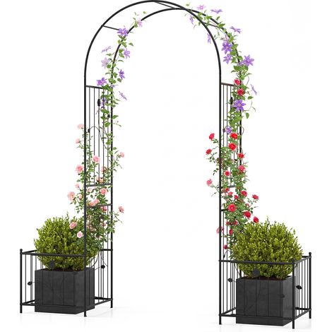 Arche de Jardin de 221 cm avec 2 Bacs Jardinière et Treillis, Pergola Extérieur avec Piquets pour Plantes Grimpantes Rosiers Vignes, Décoration (1/5)