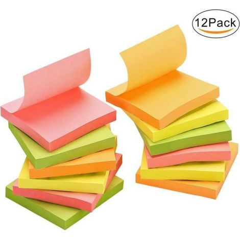 Post-It - Notes Adhésives Rectangulaires 75 x 75 mm - 12 Blocs - 100 Feuilles par Bloc - Couleurs Néon Mixtes (1/4)