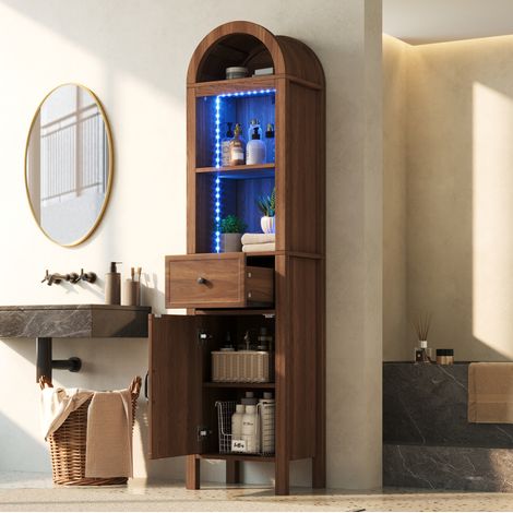 Mobile da bagno alto 40x30x163 cm con LED RGB, anta reversibile e cassetto, noce OKMYHOME (1/5)