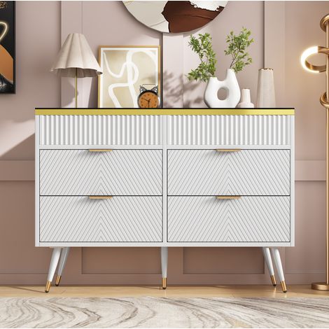 MEUBLIV Kommode 120x40x76 cm Weiß – 6 Schubladen, braune Glasoberfläche, Kippschutz (1/5)