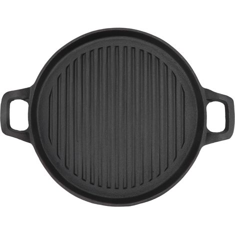 Poêle en fonte ronde 24 cm, antiadhésive sans revêtement, poignées doubles, idéale pour grillades et barbecue, surface striée (1/5)