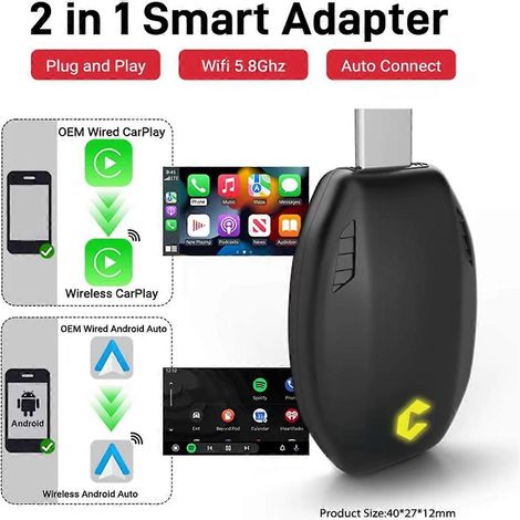 2-in-1 CarPlay Smart Adapter (kabelgebunden/kabellos), Android Auto Mini Box, Plug & Play, schnelle WLAN-Verbindung, USB Typ-C (1/5)