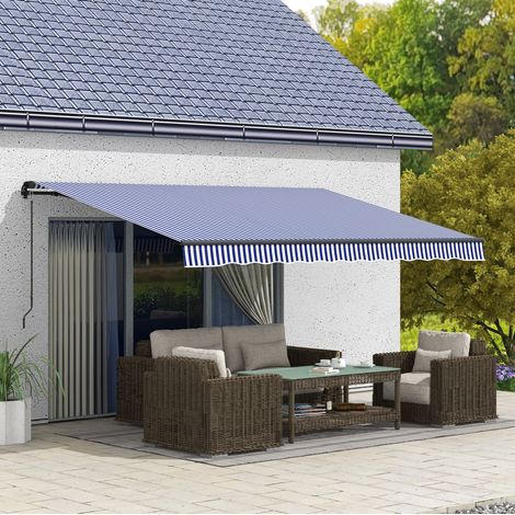 Store mural 396 x 300 cm à manivelle, protection solaire, aluminium, bleu et blanc (1/5)